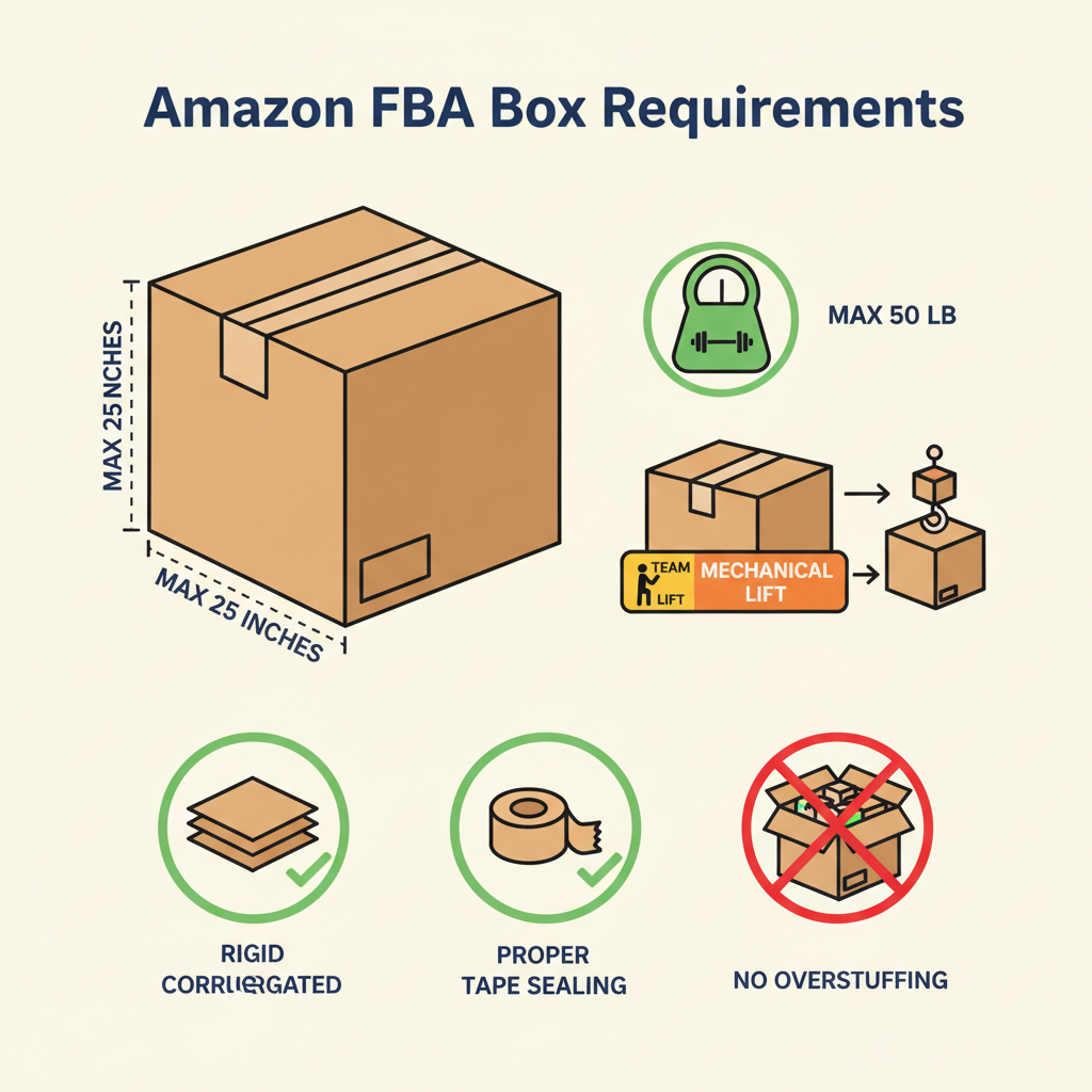 Infographic of Amazon FBA box requirements showing weight limits, dimensions, labels, and proper box strength