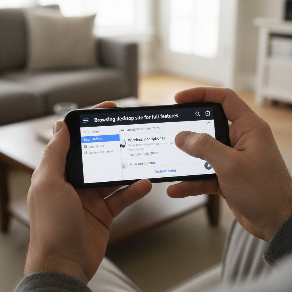 Smartphone showing Amazon in a mobile browser using Desktop site with Archive order visible