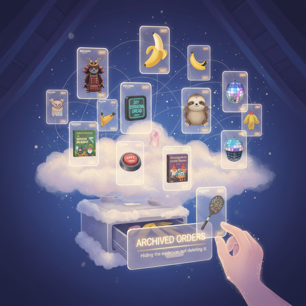 Cluttered virtual attic of Amazon orders being dragged into an Archived Orders drawer