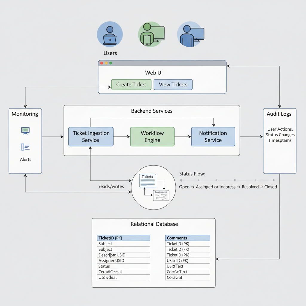 Clean architecture diagram of an internal IT ticketing system with flows and database schema