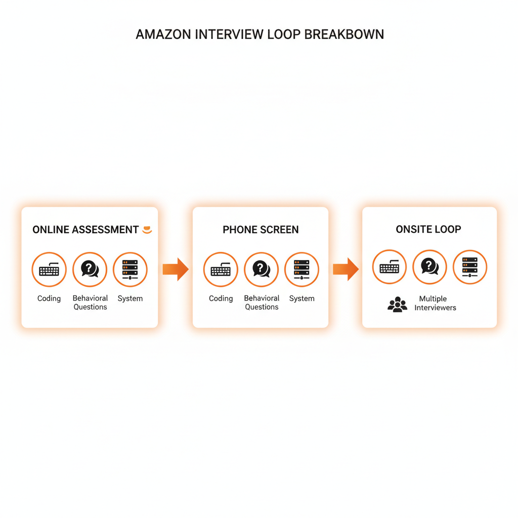 Minimalist infographic of Amazon interview loop from online assessment to onsite