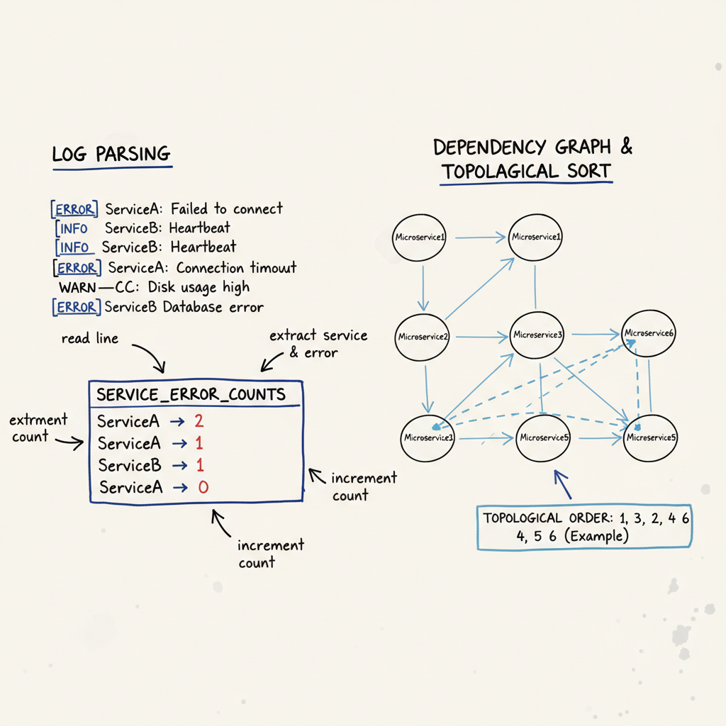 Whiteboard style diagram of log parsing to hashmaps and dependency graph topological sort