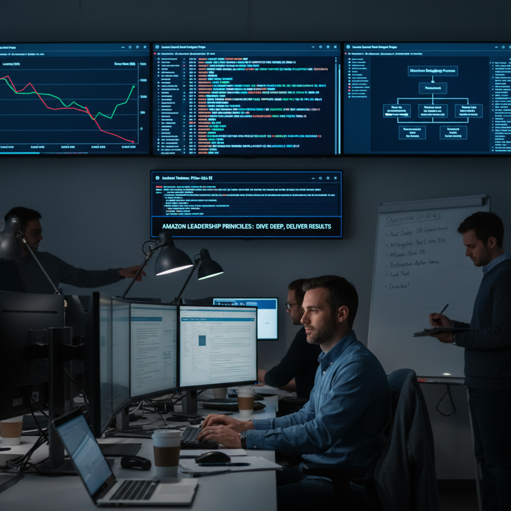 Operations war room with metrics and logs where an engineer troubleshoots a production incident calmly