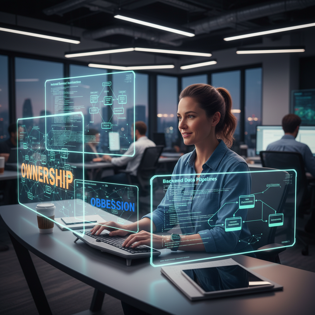Confident mid-level Amazon engineer preparing for interview with internal systems visuals