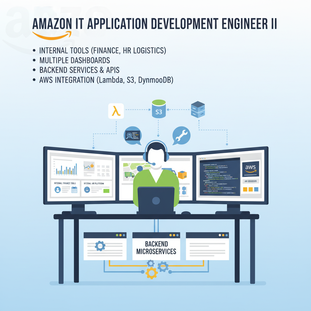 Infographic of internal Amazon tools, dashboards, AWS services, and debugging for an IT App Dev Engineer II