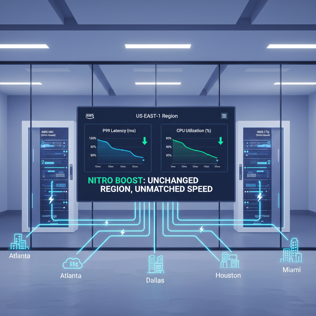 Cloud architecture visual showing Amazon Nitro improving latency, throughput, cost, and security for southern U.S. workloads