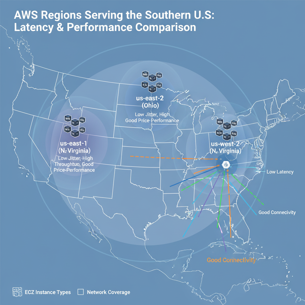 Infographic map of U.S. showing AWS regions us-east-1, us-east-2, and us-west-2 serving southern states with Nitro-based instances
