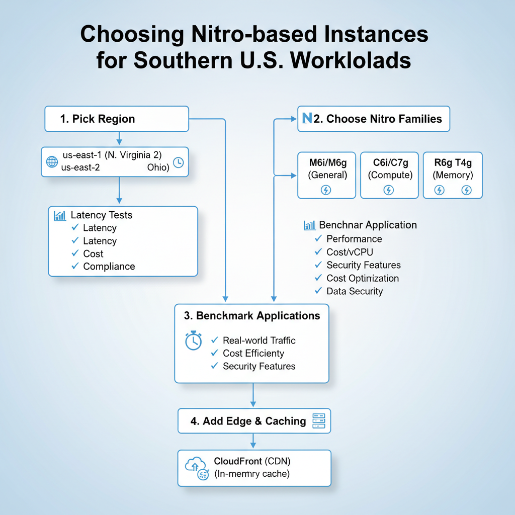 Edge-heavy architecture diagram with southern U.S. users hitting CloudFront edges and then Nitro-based EC2 in us-east-1 and us-east-2