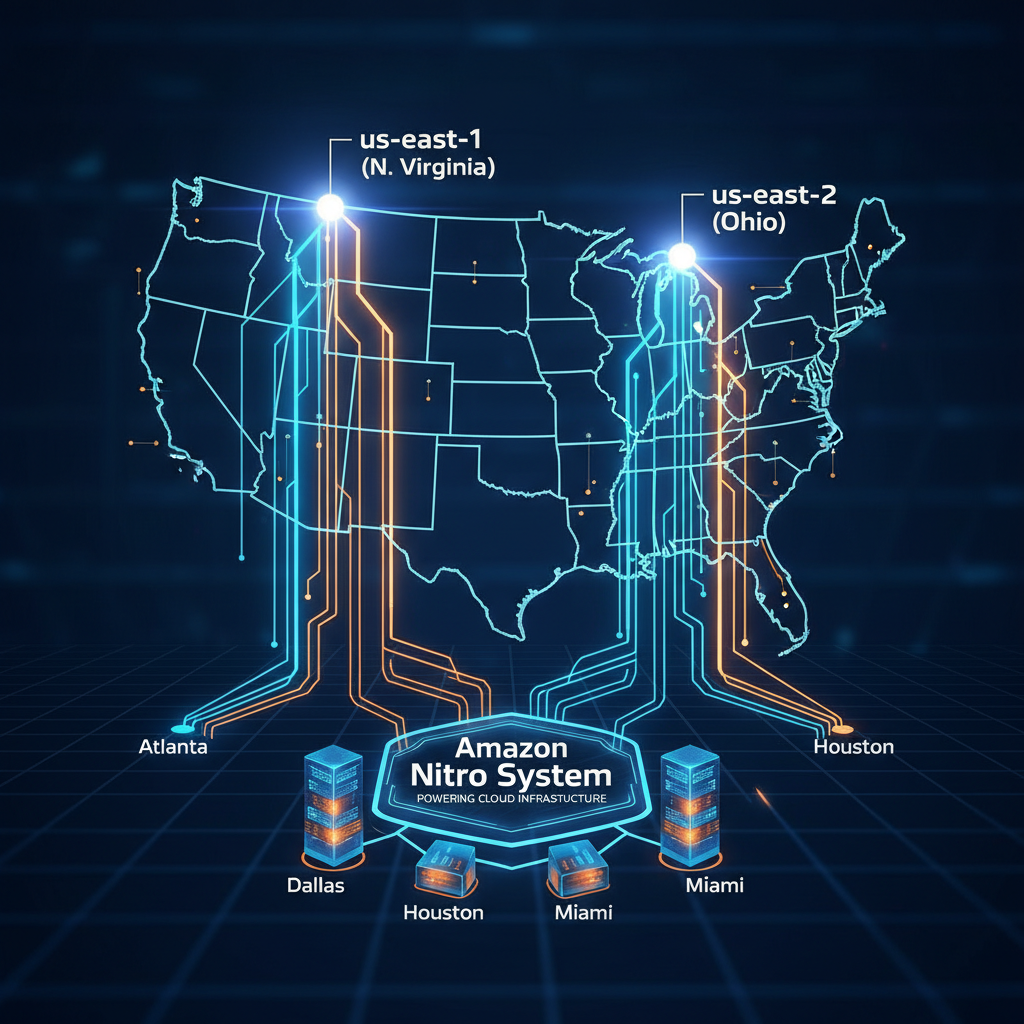 Amazon Nitro System powering cloud workloads for the southern U.S. from AWS regions us-east-1 and us-east-2 on a stylized U.S. map