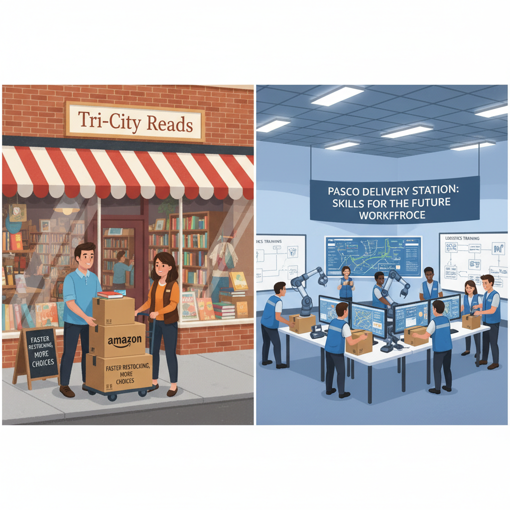 Logistics map showing Pasco’s Amazon facilities as a central node serving the Tri-Cities and nearby communities