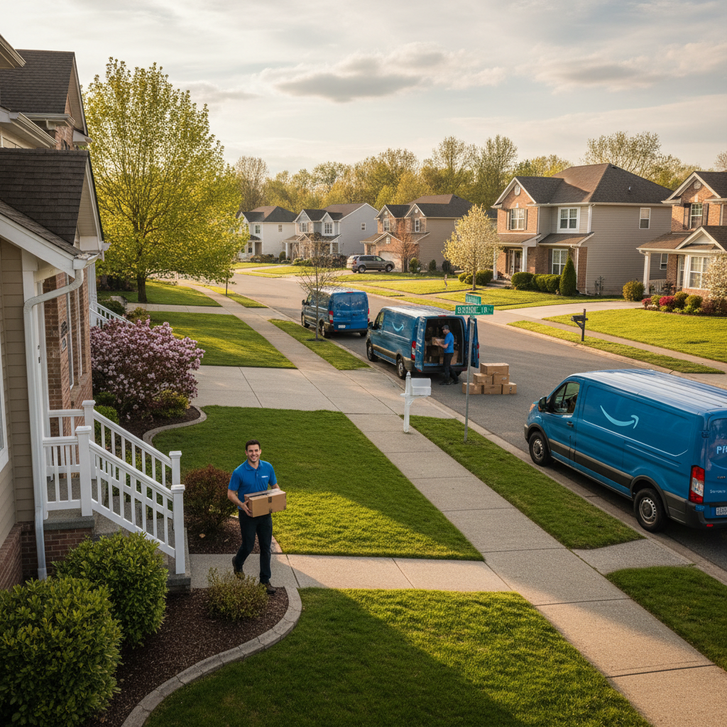 Tri-Cities neighborhood with Amazon delivery vans and drivers making quick local deliveries