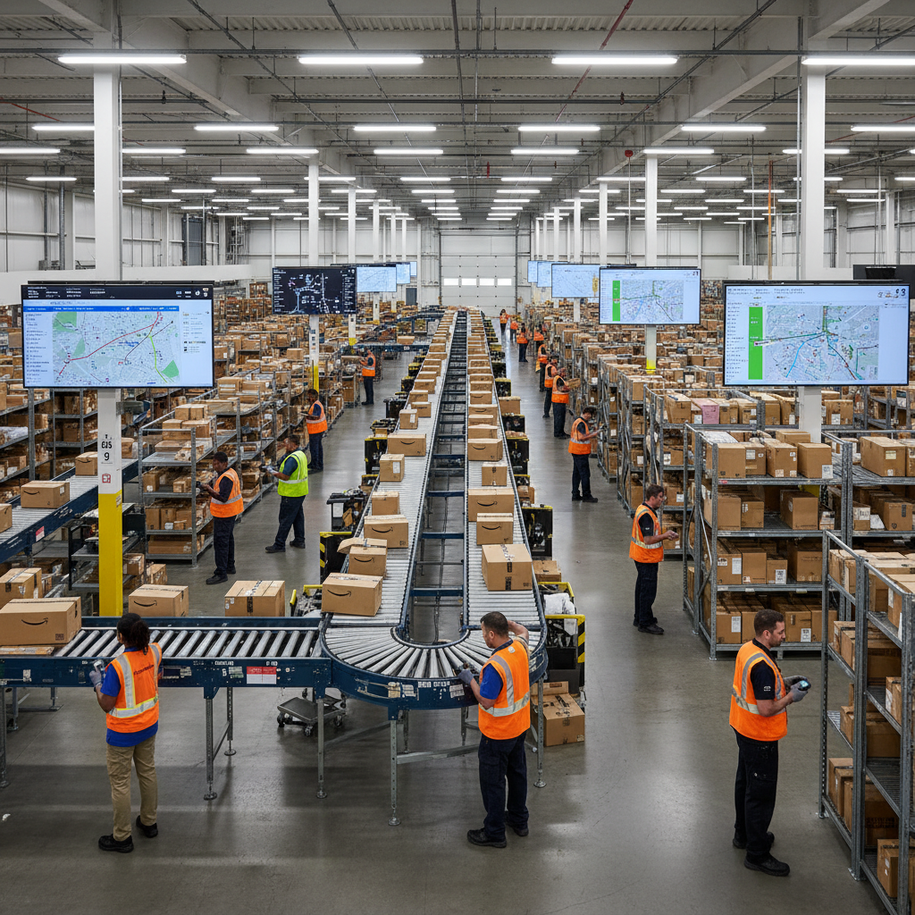 Interior of Amazon’s Pasco last-mile delivery station with conveyors, packages, and workers