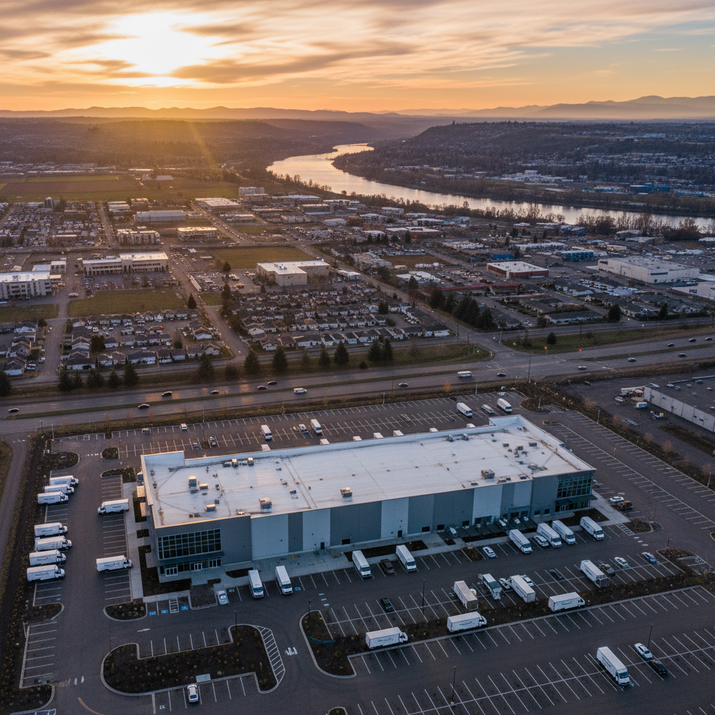 Aerial view of Amazon’s new Pasco delivery station and the surrounding Tri-Cities region at sunrise