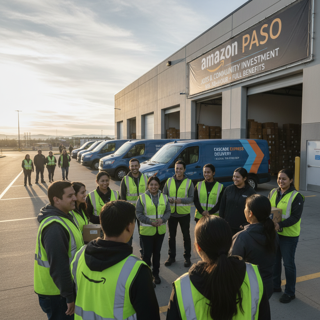 Group of Amazon workers and Delivery Service Partner drivers outside the Pasco delivery station