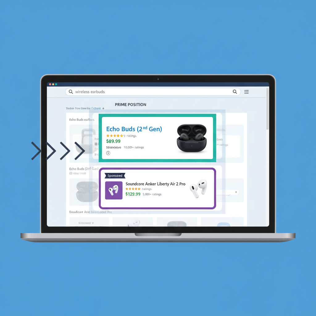 Illustrated Amazon search results page on a laptop with highlighted product positions suggesting an animated GIF
