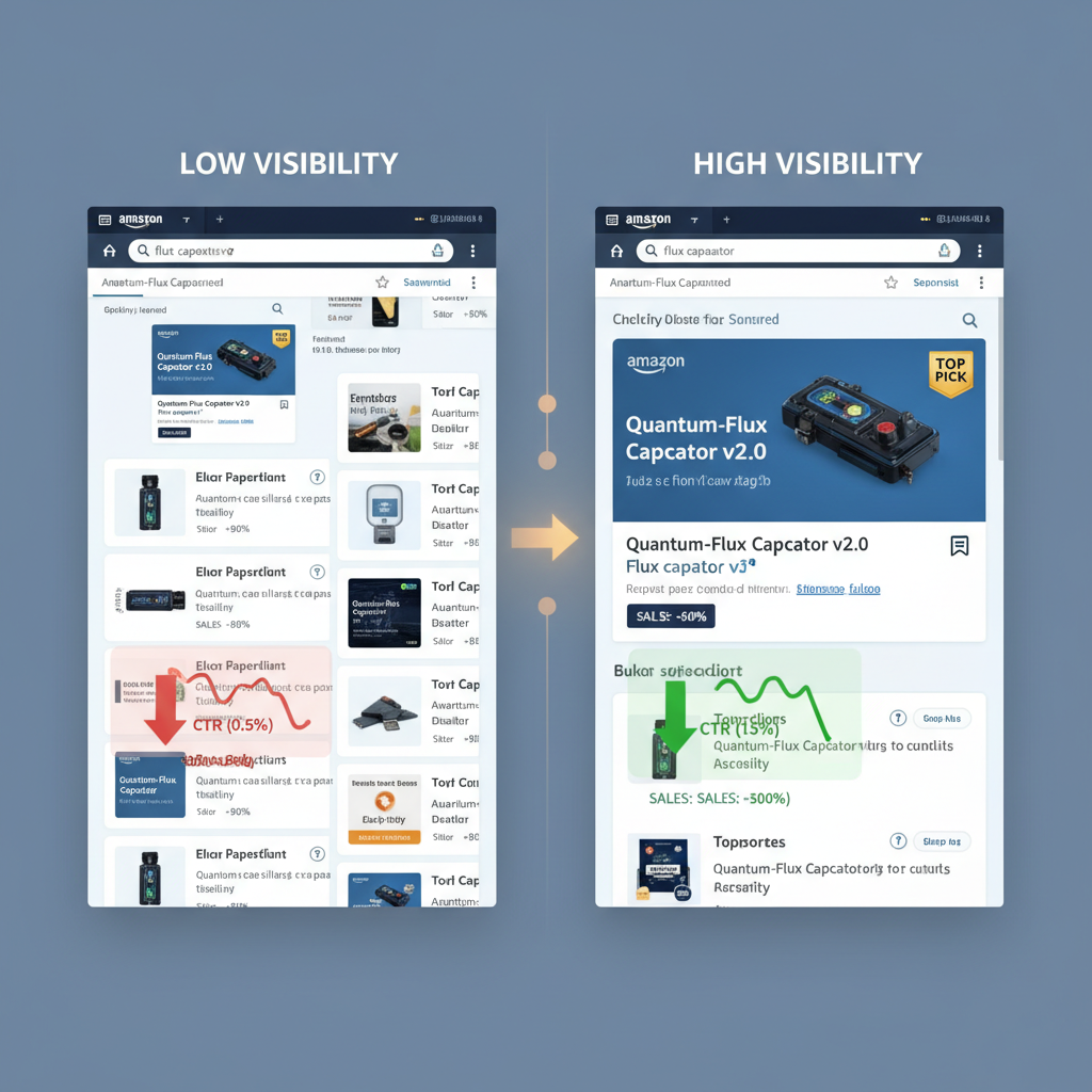 Split-screen illustration comparing low and high Amazon search visibility with analytics overlays
