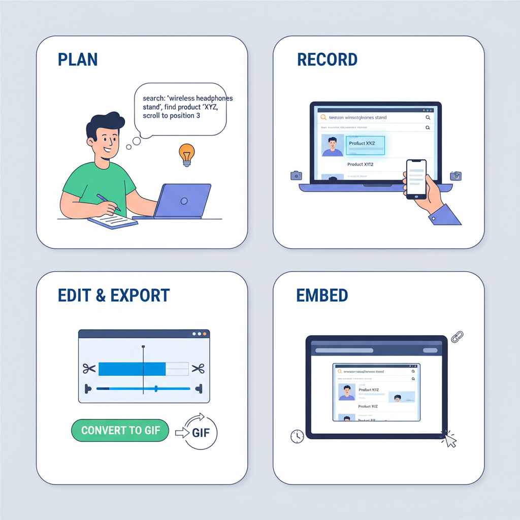 Infographic-style panels showing each step to create an Amazon position GIF