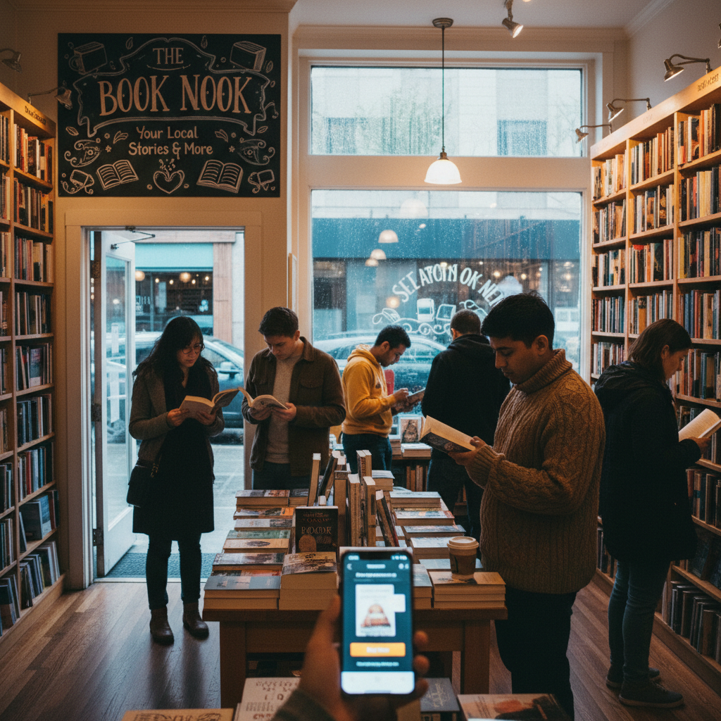 Cozy independent Seattle bookstore interior contrasted with a shopper holding a phone open to Amazon’s Buy Now button
