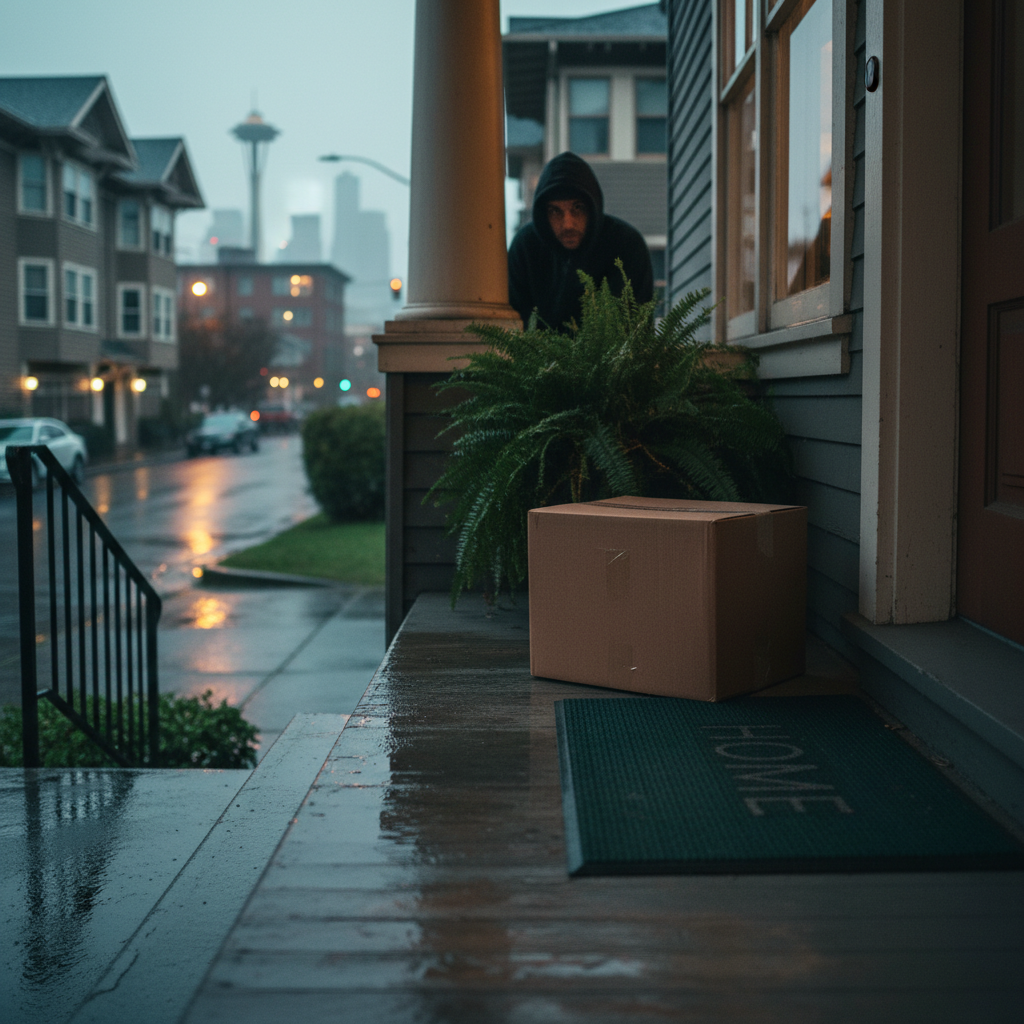 Seattle porch with Amazon package and a lurking porch pirate figure in the background on a rainy day