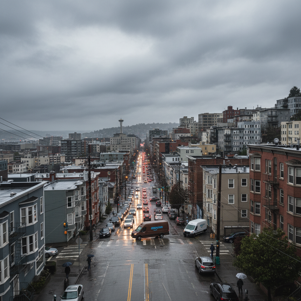 Amazon Prime delivery vans navigating steep hills and dense Seattle neighborhoods near the Mercer corridor