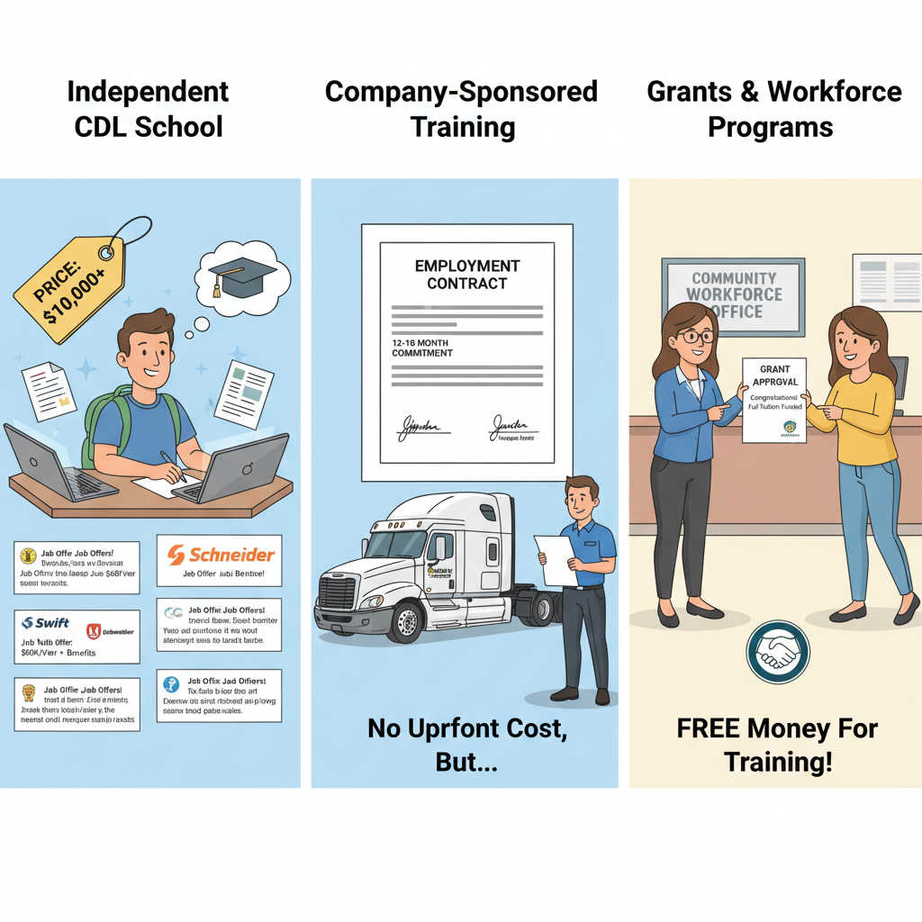 CDL students training at an ELDT-compliant school classroom and driving range