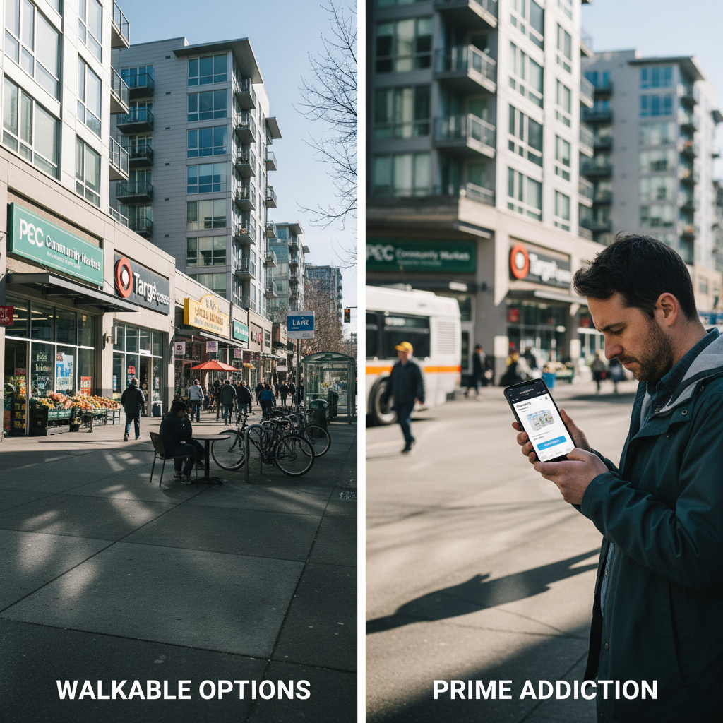 Seattle resident surrounded by walkable grocery stores and shops while checking Amazon Prime on their phone