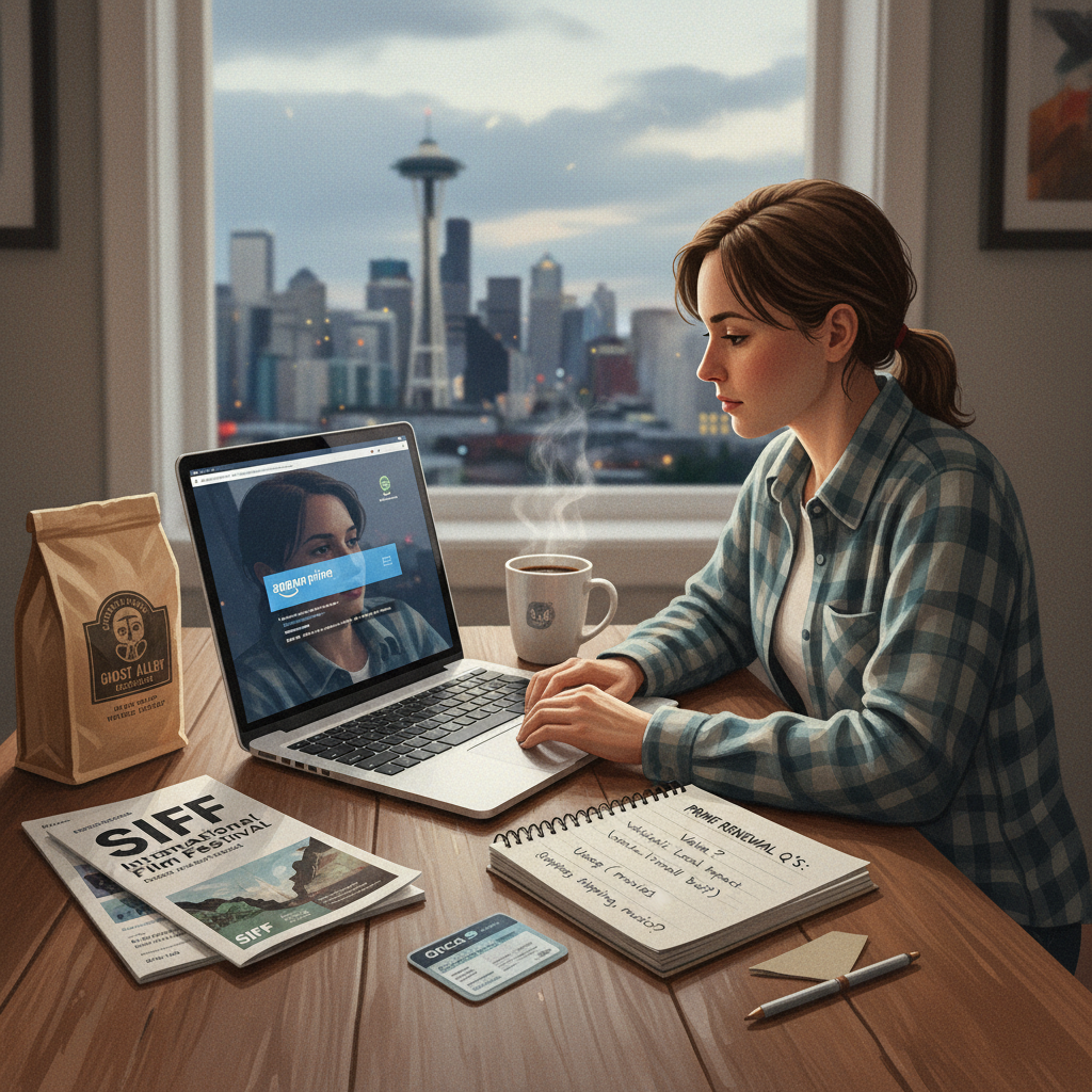 Seattleite at kitchen table reviewing Amazon Prime subscription with local Seattle cultural items around them