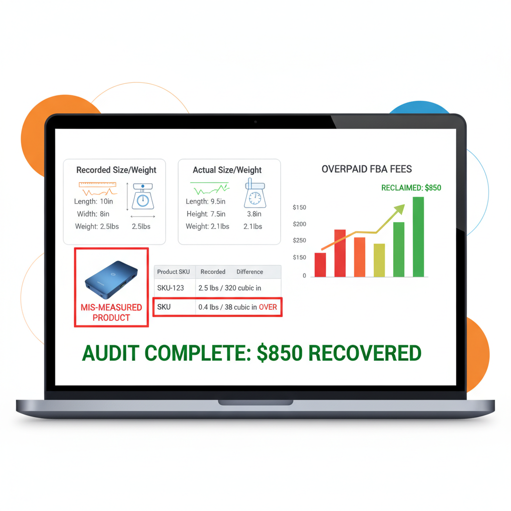 Laptop view of an FBA fee and dimension audit with charts and comparison panels