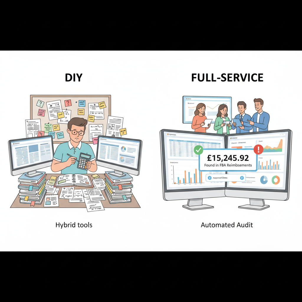 Process-focused flowchart of an Amazon reimbursement audit workflow from pulling reports to submitting cases