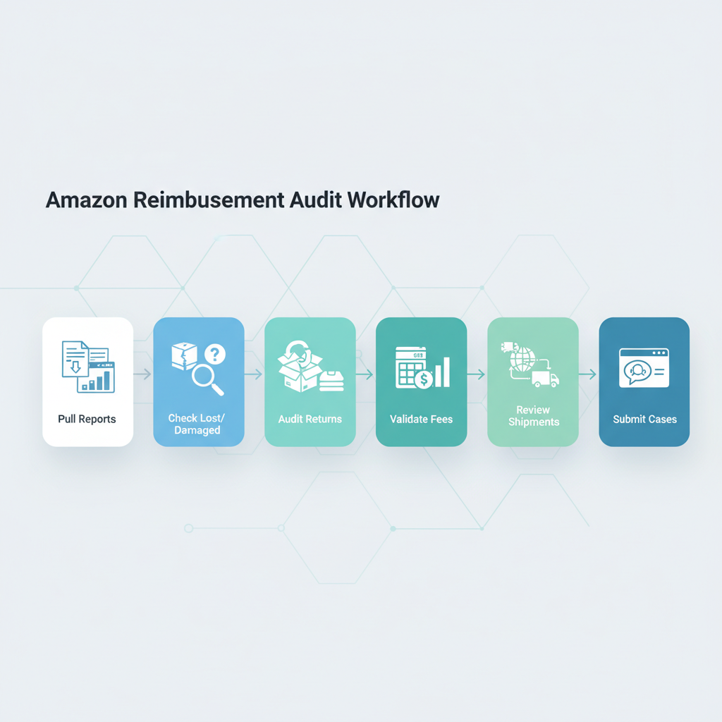 Comparison of DIY, hybrid tools, and full-service Amazon reimbursement audit options in a split-screen illustration
