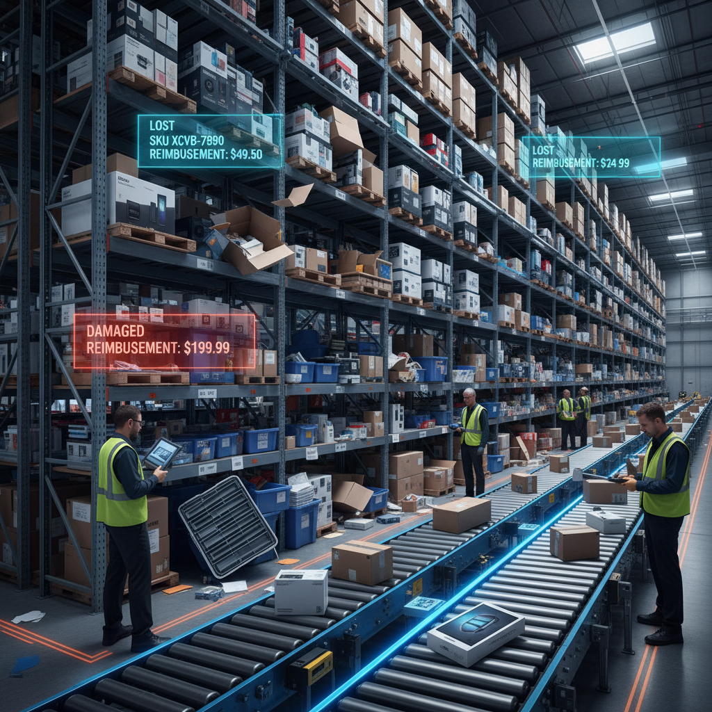 Amazon-style fulfillment center with indicators for lost and damaged inventory and reimbursement overlays