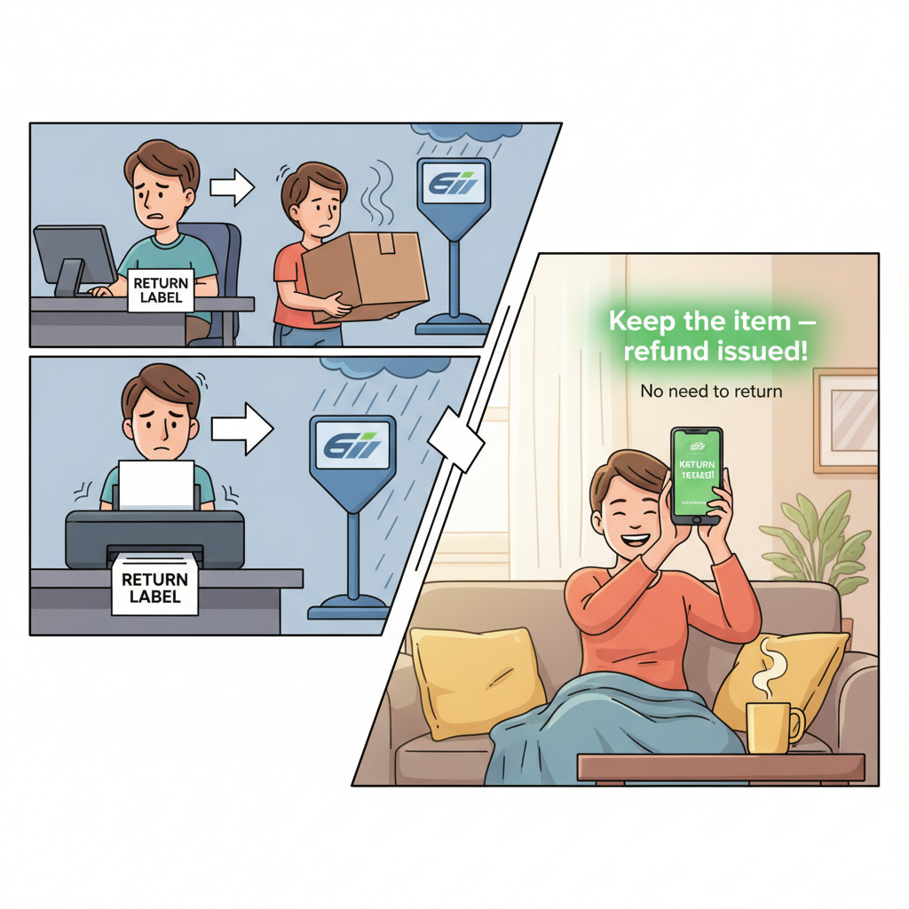 Split screen of traditional Amazon return with box versus returnless refund with relaxed customer at home