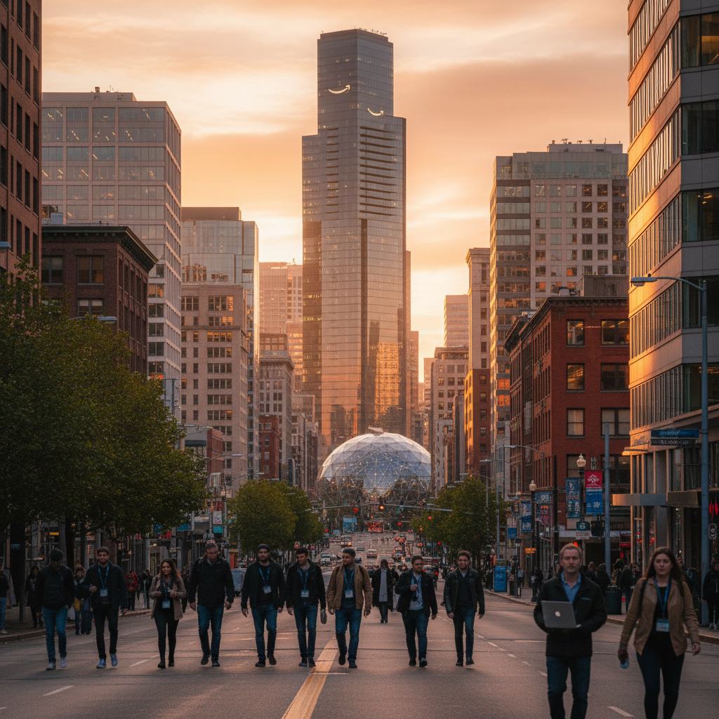 Street-level cinematic view of Amazon Doppler tower in Seattle’s Denny Triangle at golden hour