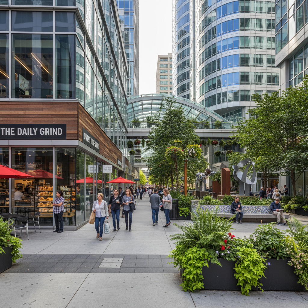 Street-level scene around Amazon Doppler with coffee shops, breezeway, and urban greenery