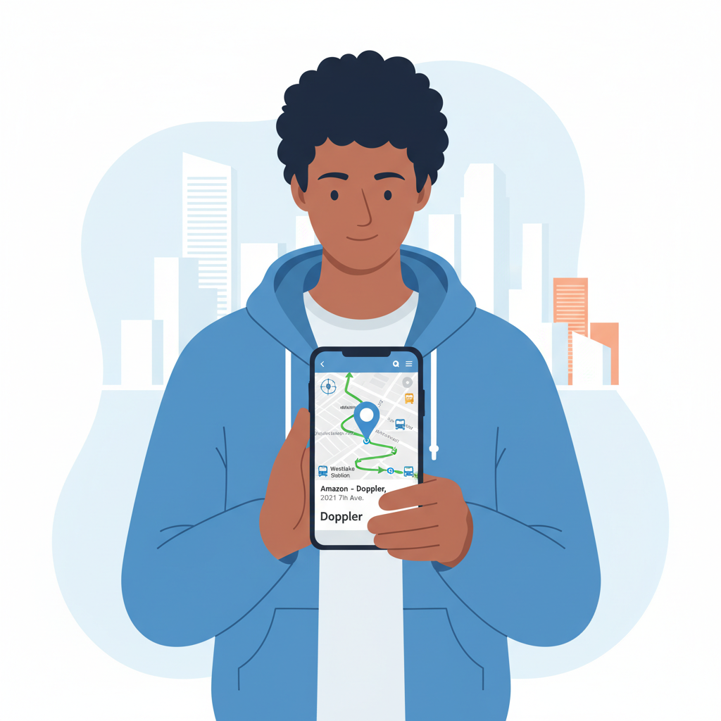 Illustration of a person using a smartphone map to navigate to Amazon Doppler with transit icons