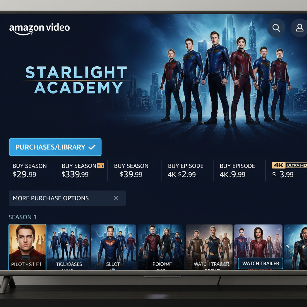 Amazon Prime Video interface highlighting a CW-style show with Buy Season and Buy Episode options