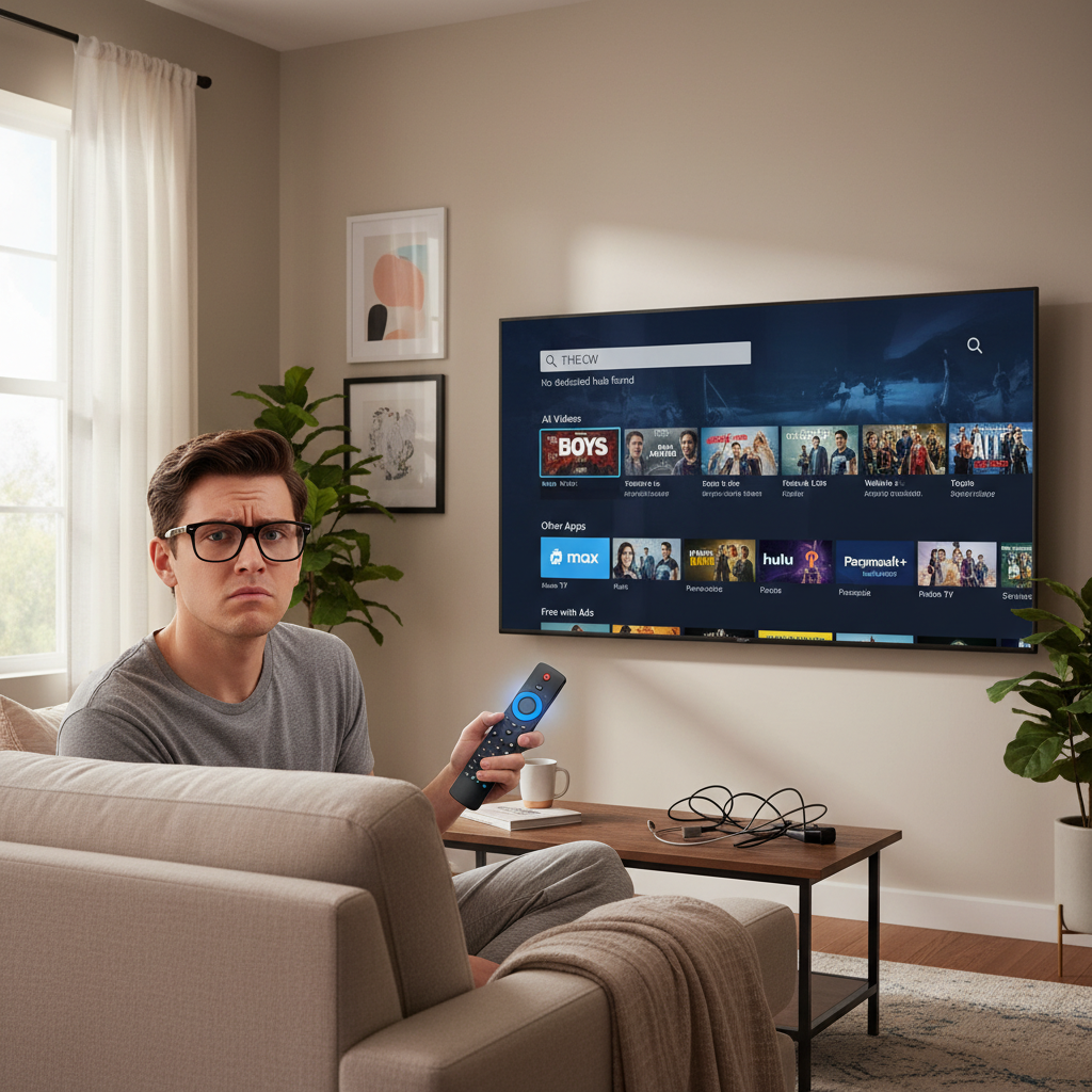 Viewer confused while searching for The CW inside Amazon Prime Video on a TV screen