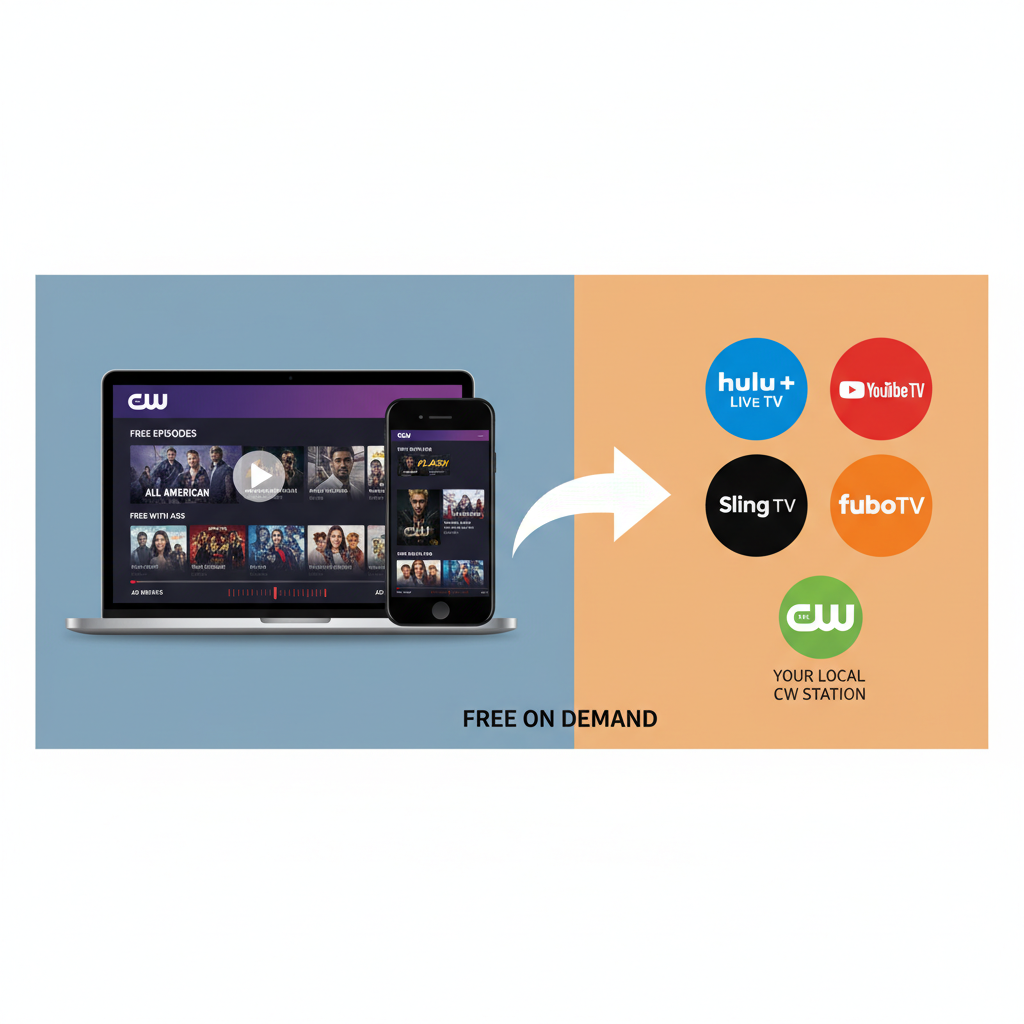Split screen showing The CW app with free episodes on one side and live TV streaming services on the other