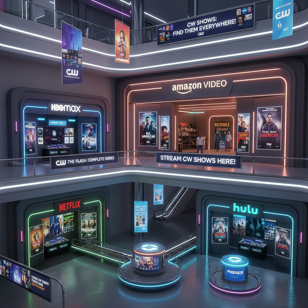 Streaming services visualized as stores in a digital mall with CW posters scattered across multiple storefronts