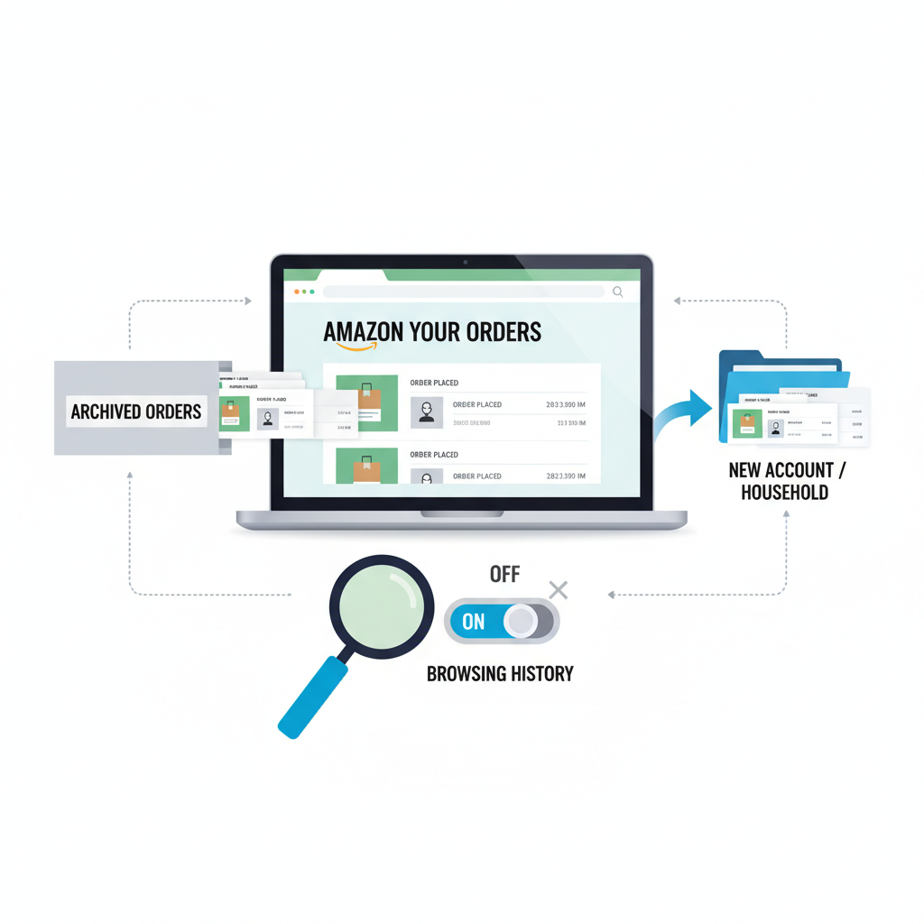 Infographic summarizing ways to hide Amazon order history such as archiving, separate account, and hiding browsing history