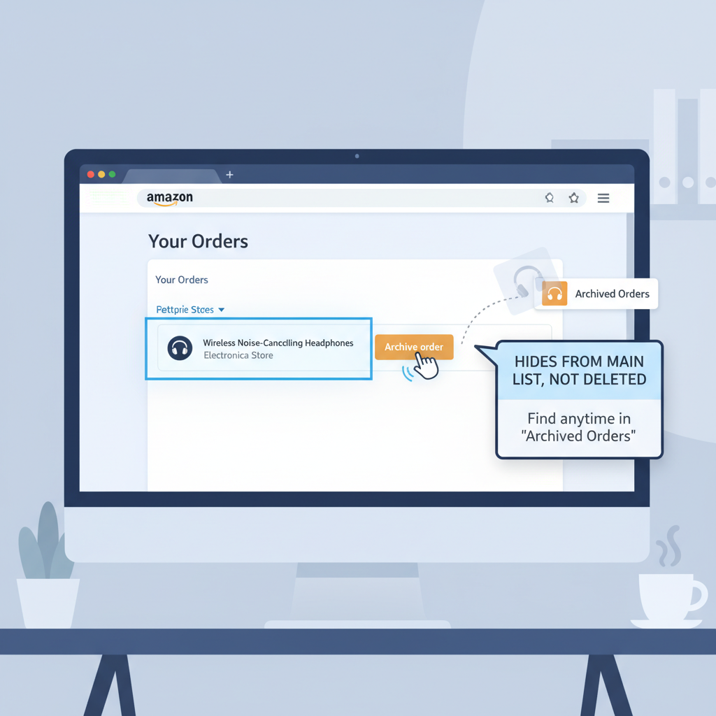 Step-by-step illustration of archiving an Amazon order into Archived Orders