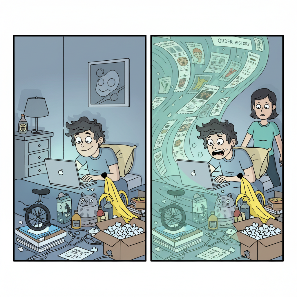 Humorous illustration of chaotic Amazon shopping history and someone trying to hide it