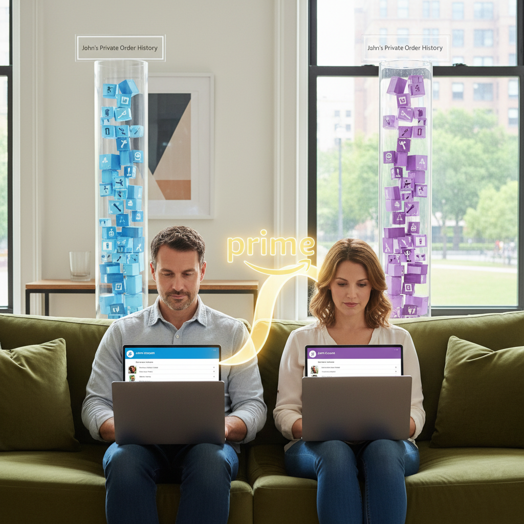 Visual metaphor of separate Amazon accounts and Household sharing Prime while keeping order histories private