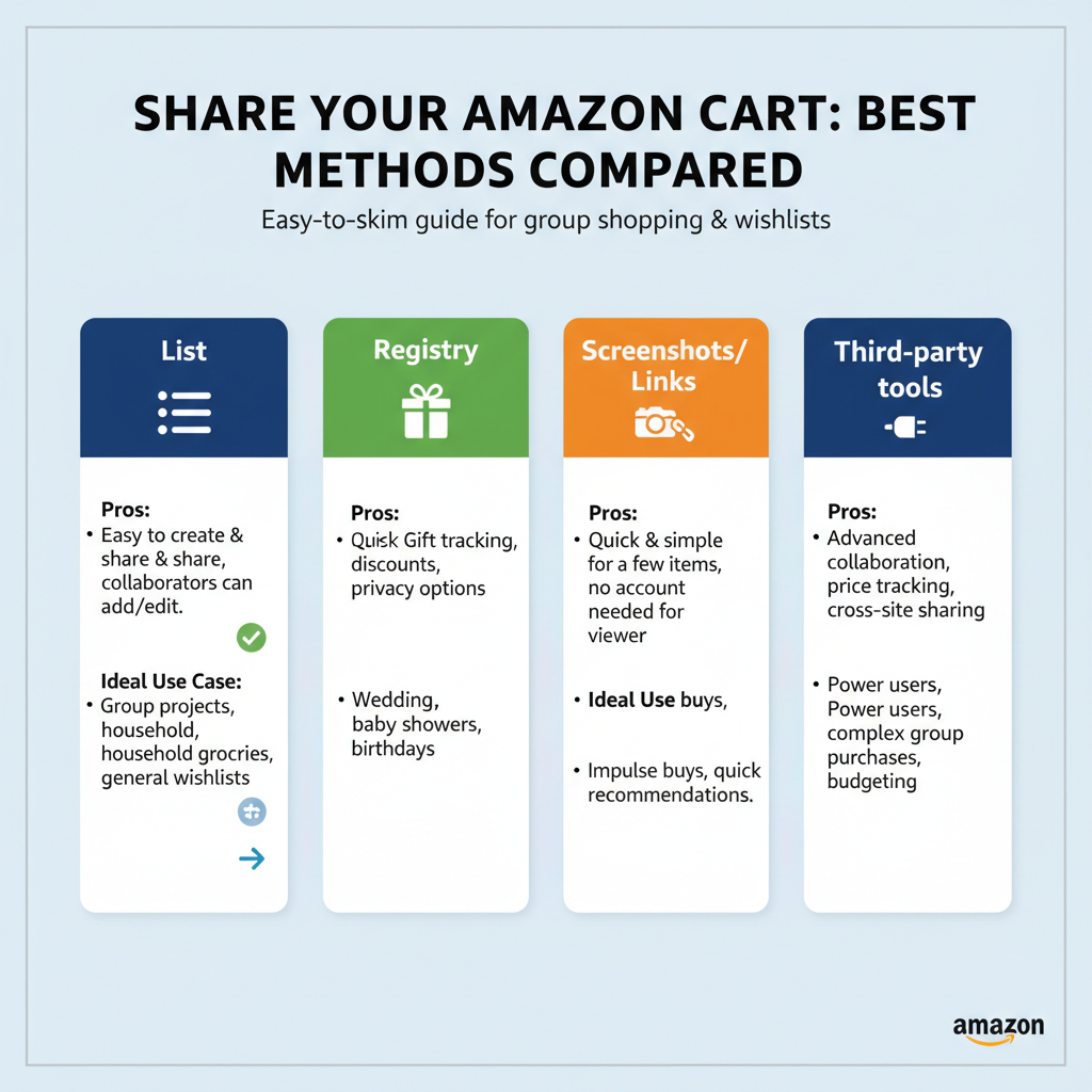 Infographic comparing best methods to share an Amazon cart: list, registry, screenshots, and third-party tools
