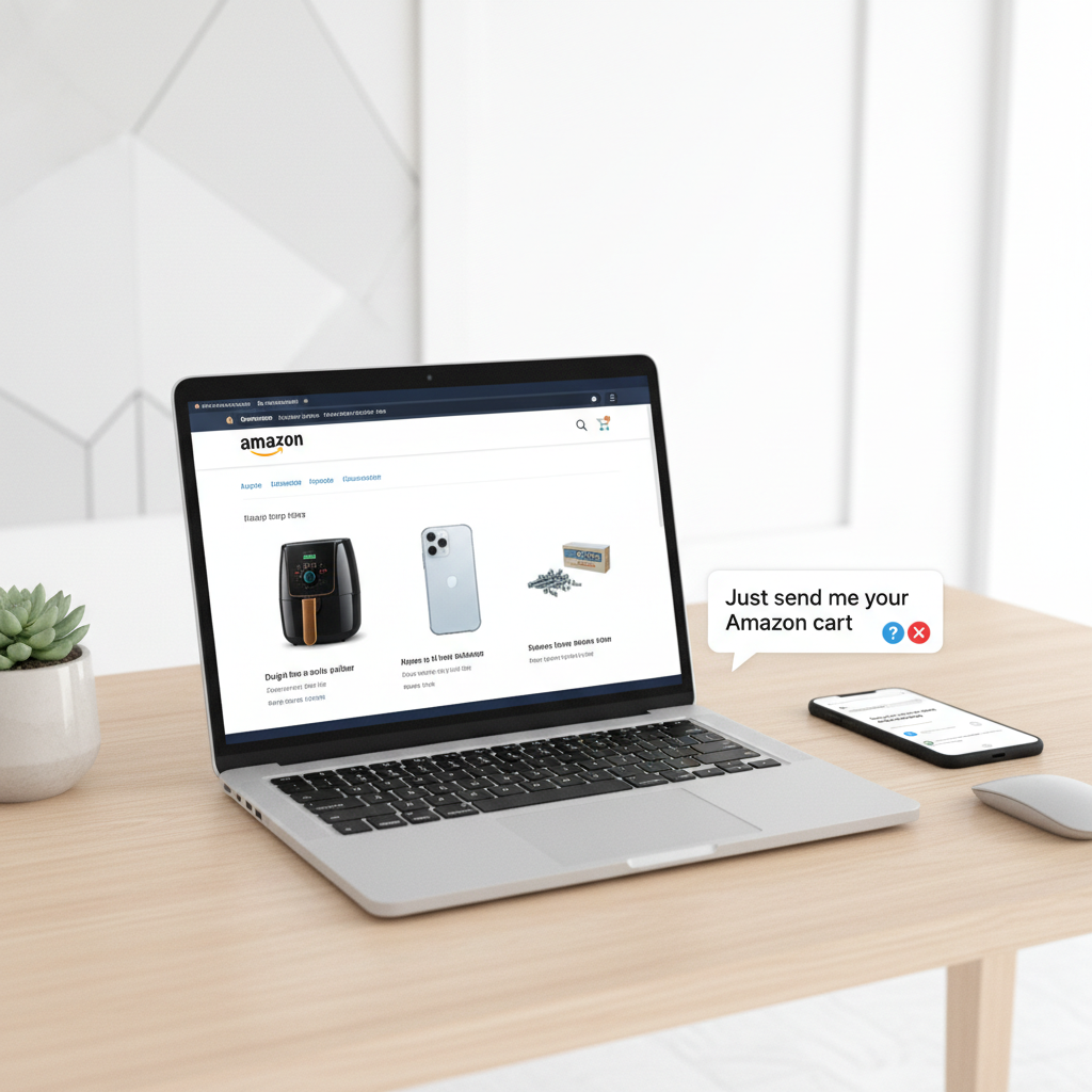 Modern workspace showing an Amazon cart on a laptop and a phone message saying 'Just send me your Amazon cart'