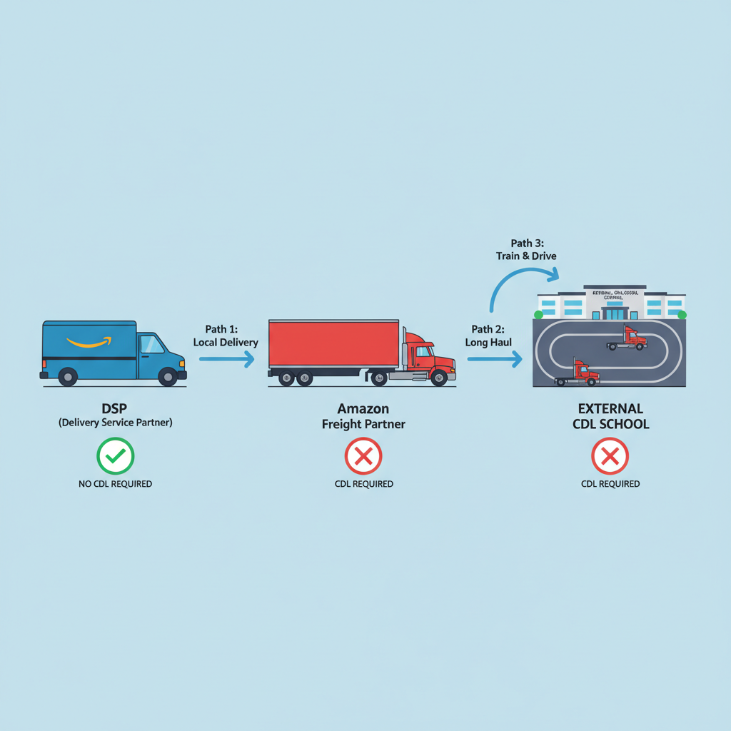 Infographic showing Amazon DSP vans, Amazon Freight Partners, and an external CDL school as three main driving paths